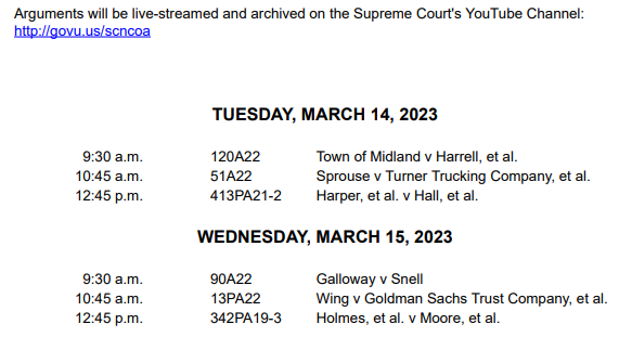FYI - NC Supreme Court will rehear Voter ID and Redistricting cases Mar. 14 &amp; 15 per the court's calendar.
#ncpol #ncga 
appellate.nccourts.org/calendars/SC-2…