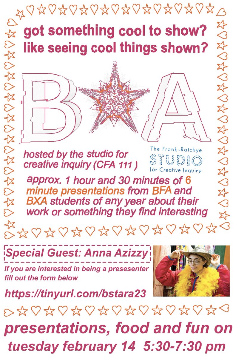 The STUDIO at CMU (@creativeinquiry) on Twitter photo Don’t miss out on the 3rd ever B*A presentations! Undergraduate research talks by bfa <a href="/CMU_CFA/">College of Fine Arts at Carnegie Mellon</a> bxa students <a href="/CMU_BXA/">Carnegie Mellon BXA</a> in the STUDIO with special alum <a href="/alsoannaazizzy/">Anna Azizzy</a> Don’t miss out on the 3rd ever B*A presentations! Undergraduate research talks by bfa <a href="/CMU_CFA/">College of Fine Arts at Carnegie Mellon</a> bxa students <a href="/CMU_BXA/">Carnegie Mellon BXA</a> in the STUDIO with special alum <a href="/alsoannaazizzy/">Anna Azizzy</a>