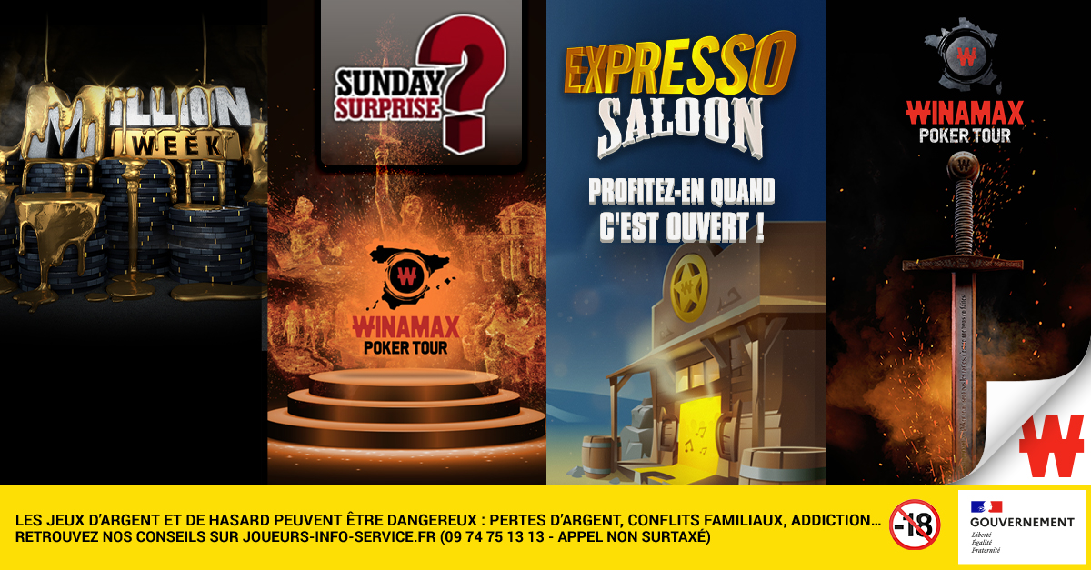 Winamax's tweet photo. Ce week-end sur Winamax :
🤑 Les Day 1 de la #MillionWeek.
🇪🇸 Un #SundaySurpise pour un #WiPT VIP.
🤠 L'#ExpressoSaloon est ouvert.
🗡️ Le coverage du #WiPT à Bordeaux.