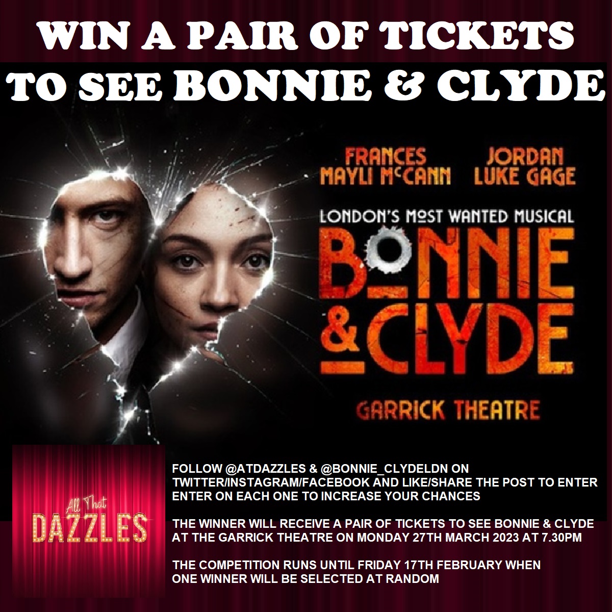 NEW GIVEAWAY ALERT I've teamed up with @Bonnie_clydeLDN to offer a pair of tickets to see the show on 27th March. To enter like or retweet this post. Reply saying who you'll bring if you win You must be following me to enter The winner will be randomly picked on 17th February.