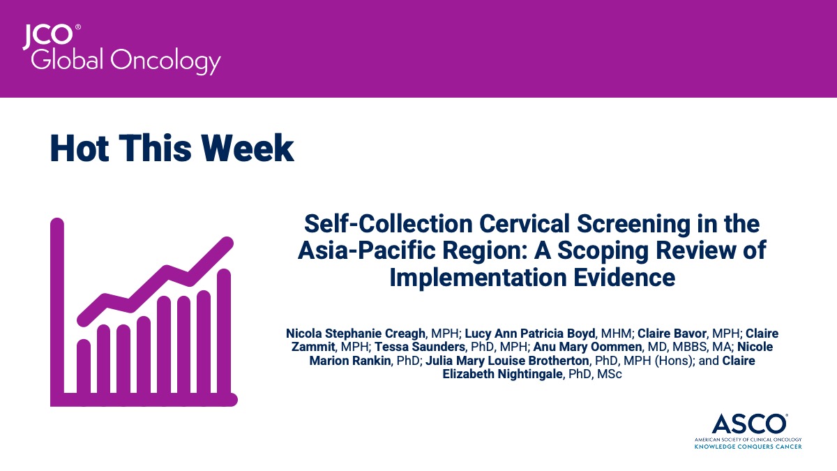 👀 Check out what’s popular this week in #JCOGO: Self-Collection Cervical Screening in the Asia-Pacific Region: A Scoping Review of Implementation Evidence ➡️ fal.cn/3vMdS @NicolaCreagh #GynCSM #APAC