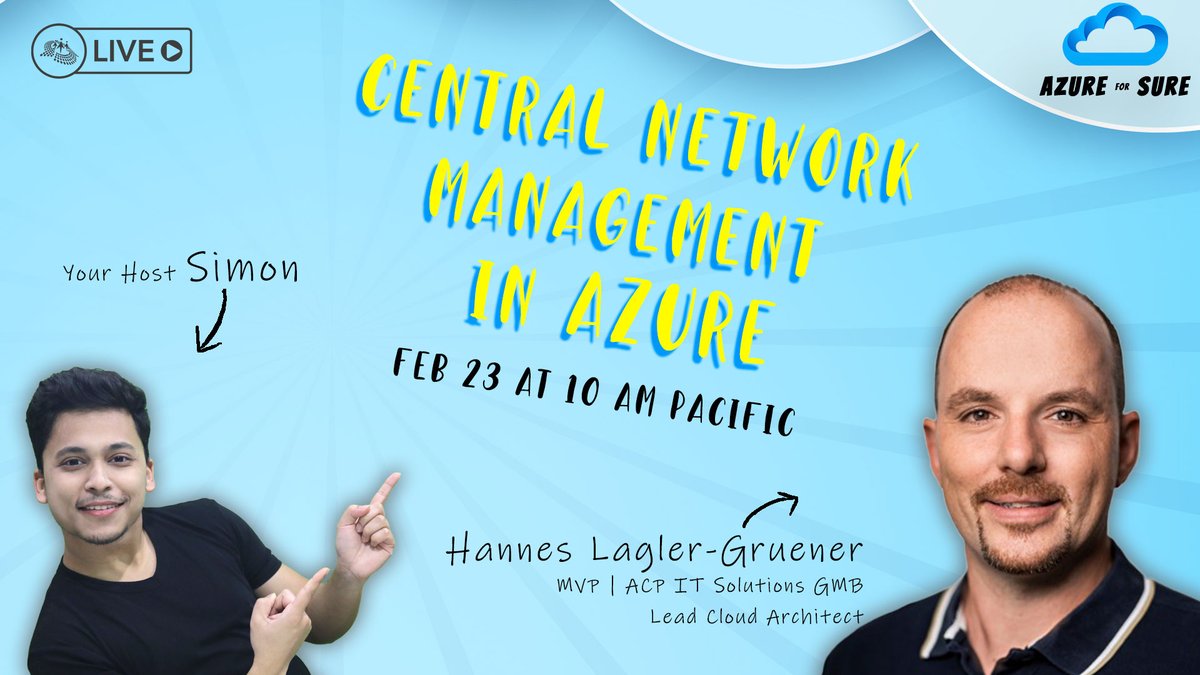 Cloud Summit (Azure Focused) (@cloudsummitlive) on Twitter photo Join <a href="/codewithsimon/">Stephen SIMON</a> & <a href="/HannesLagler/">Hannes Lagler-Gruener | Azure MVP</a> on February 23 at 10:00 AM Pacific Time (US) for the next episode of #AzureForSure to learn about Central Network Management in Azure.
Register for this episode over here>> bit.ly/3JmKwUd
#Azure #LiveShow Join <a href="/codewithsimon/">Stephen SIMON</a> & <a href="/HannesLagler/">Hannes Lagler-Gruener | Azure MVP</a> on February 23 at 10:00 AM Pacific Time (US) for the next episode of #AzureForSure to learn about Central Network Management in Azure.
Register for this episode over here>> bit.ly/3JmKwUd
#Azure #LiveShow