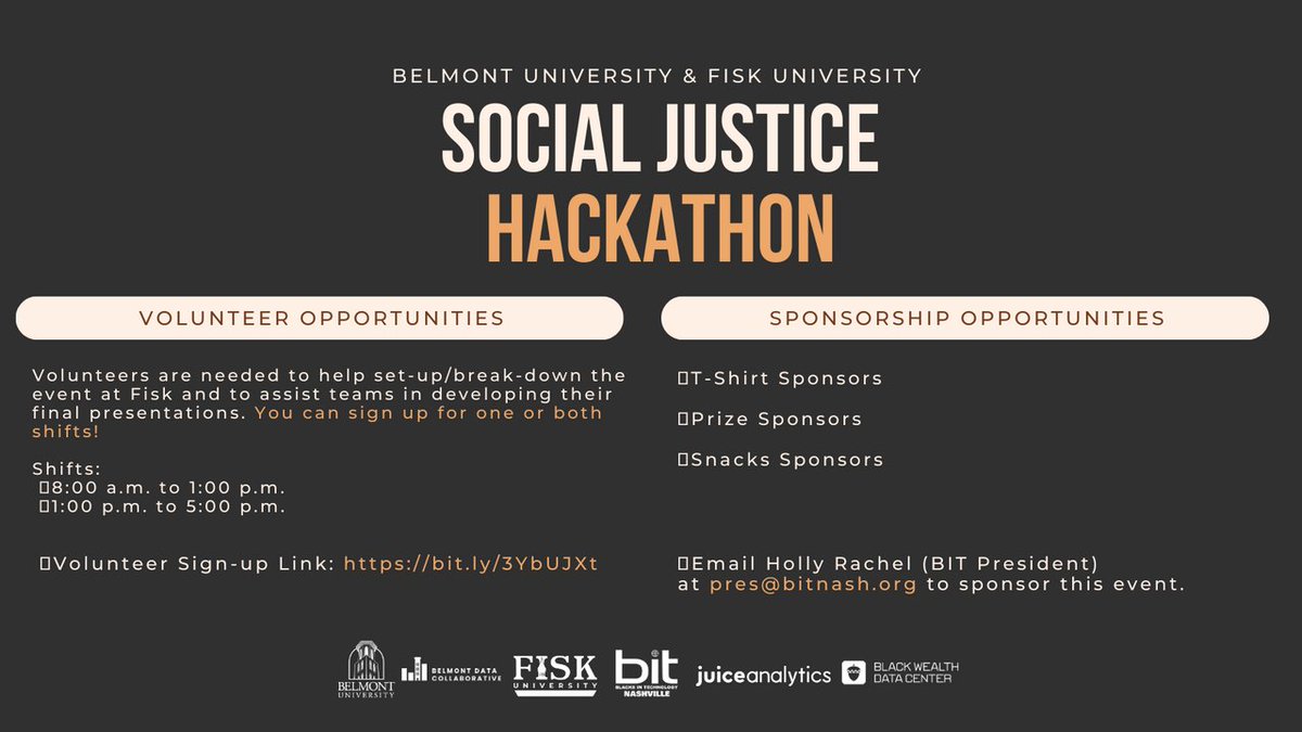 Make sure your company is represented on the Social Justice Hackathon T-Shirts! Partners need to be confirmed by Feb. 19th, 2023. Join our other partners in this one of a kind cross-campus hackathon! To get your logo on the T-shirt, email Holly Rachel at pres@bitnash.org!