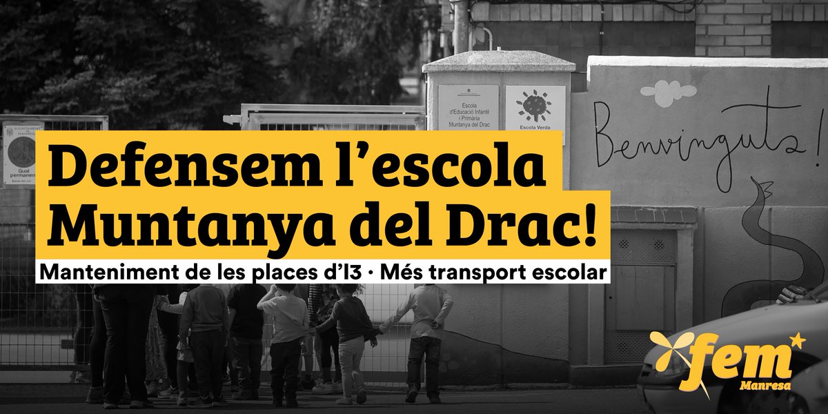 ➡️ Reduir places d'I3 a una escola situada al Xup, a la perifèria de #Manresa, on el transport públic és insuficient. Aquesta és la recepta d'<a href="/educaciocat/">Educació</a> i l'<a href="/ajmanresa/">Ajuntament de Manresa</a> per lluitar contra la segregació?

📚 Per una educació pública i de qualitat, defensem la Muntanya del Drac!