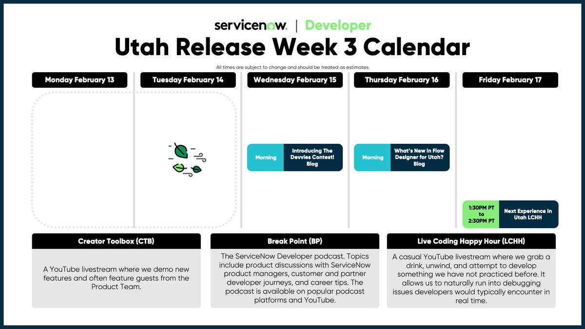 poshprogrammer's tweet image. 🚨 This Week on the #ServiceNowDeveloper Calendar...
🔘 Feb 15: Introducing The Devvies Contest blog 🏆 (get PUMPED)
🔘 Feb 16: What's New in Flow Designer for Utah? blog
🔘 Feb 17 1:30PM PT: Next Experience LCHH
📰 Click Here for the Full Calendar: devlink.sn/utah