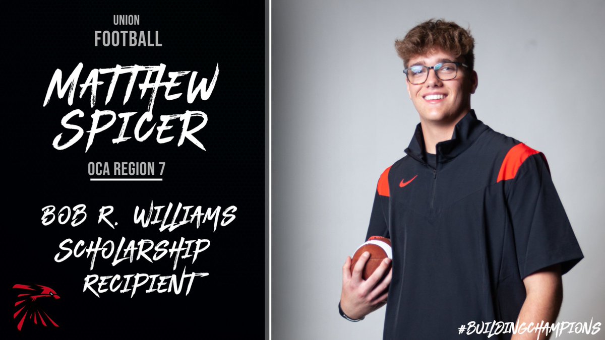 Congratulations to <a href="/unionfootball/">Union Football</a> Matthew Spicer on being selected as the scholarship recipient of the Oklahoma Coaches Association Region 7 Bob R. Williams award!