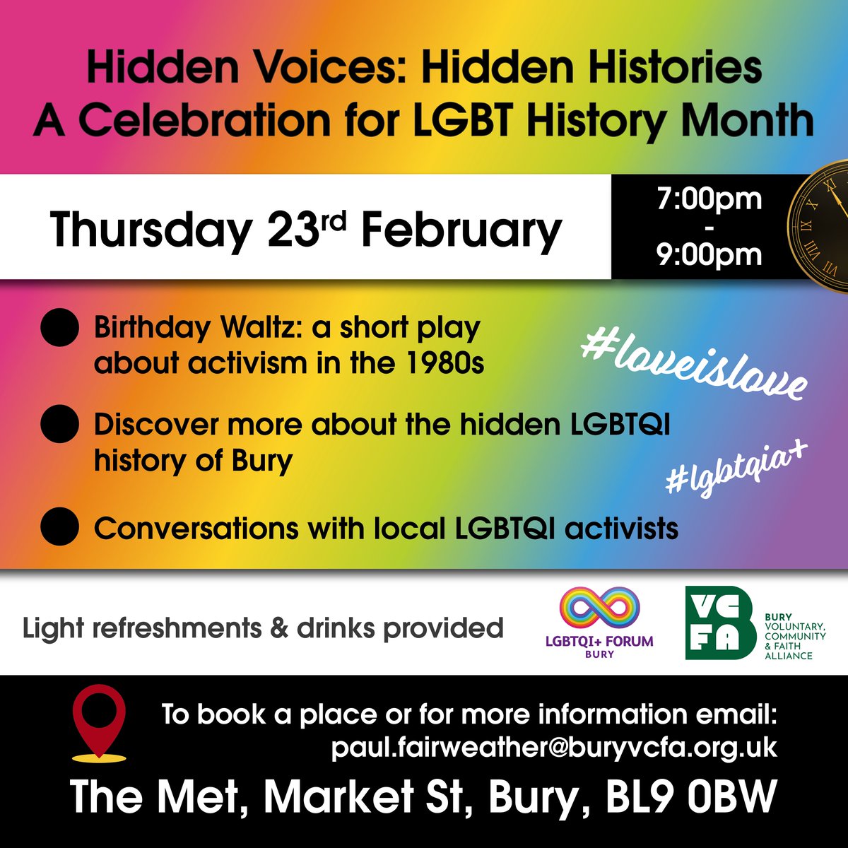 To celebrate LGBT History Month the LGBTQI+ Forum are hosting “Hidden Voices: Hidden Histories!” at @The Met Bury!

Starting at 7pm on Thursday 23rd February 2023

#Bury #Pride #LGBTQIA #loveislove #celebration #historymonth
