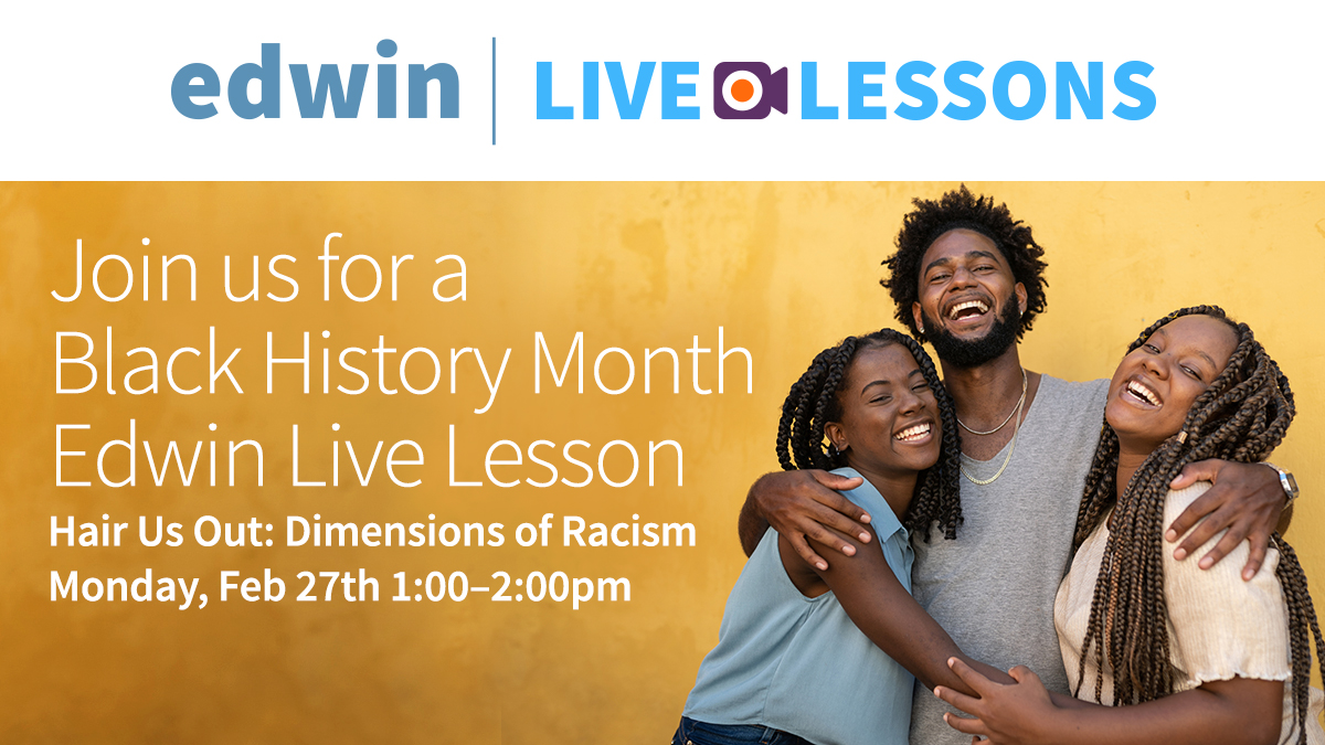 Edwin (@edwinclassroom) on Twitter photo Join the hosts of #SeeUsLearnUs webinar series, Coleen and Greg Birkett for an eye opening #EdwinLiveLesson that introduces the four dimensions of racism focusing on hair politics and discrimination. <a href="/EduBirkett/">Birkett Educational Consultants</a>
Spots are limited, sign up today! 🎙
bit.ly/3Ie9wvD Join the hosts of #SeeUsLearnUs webinar series, Coleen and Greg Birkett for an eye opening #EdwinLiveLesson that introduces the four dimensions of racism focusing on hair politics and discrimination. <a href="/EduBirkett/">Birkett Educational Consultants</a>
Spots are limited, sign up today! 🎙
bit.ly/3Ie9wvD