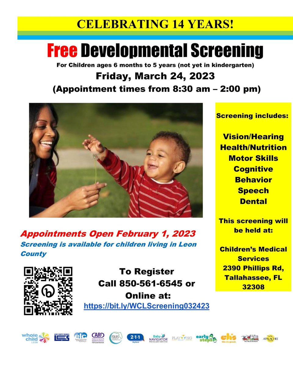 FSUCARD's tweet image. ***Posting on behalf of @WCLeon***

FREE Community Developmental Screening for young children on March 24th! Registration is now OPEN! If you'd like to register, you can visit bit.ly/WCLScreening03… to get signed up!

#developmentalscreening