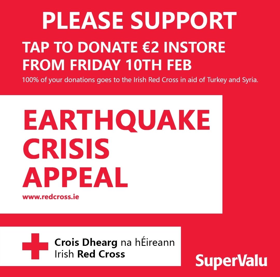 Tap to Donate €2 to the <a href="/irishredcross/">Irish Red Cross</a> in your local SuperValu store from Friday the 10th of February with 100% of all donations going to the Irish Red Cross in aid of Turkey and Syria.
#QueallysSuperValu #Ballina #Support #Killaloe