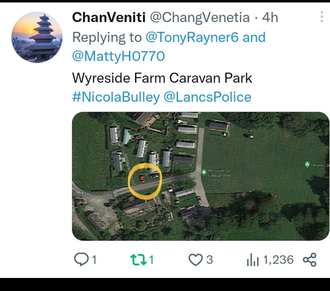 NWO_Covid_WW3's tweet image. #NicolaBulley 
 call for sightings of old, red, Renault van. 
These social media replies: #Wyreside Farm CP
+ an early tweet from @DownToTheWyre who has now locked the account - gives farm building with red van on #HallLane this road goes to local airstrip