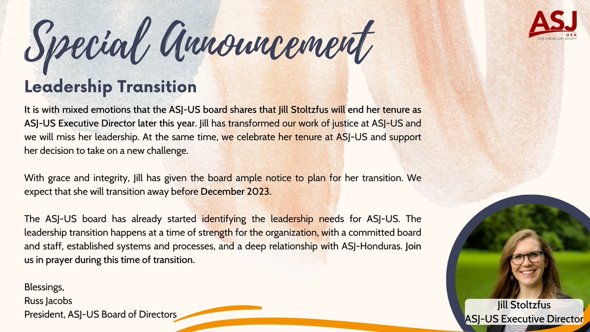 asj_us_org's tweet photo. (1/4) It is with mixed emotions that the ASJ-US board shares that Jill Stoltzfus will end her tenure as Executive Director later this year. Jill has transformed our work of justice at ASJ-US and we will miss her leadership. https://t.co/rEZm4WhBLi