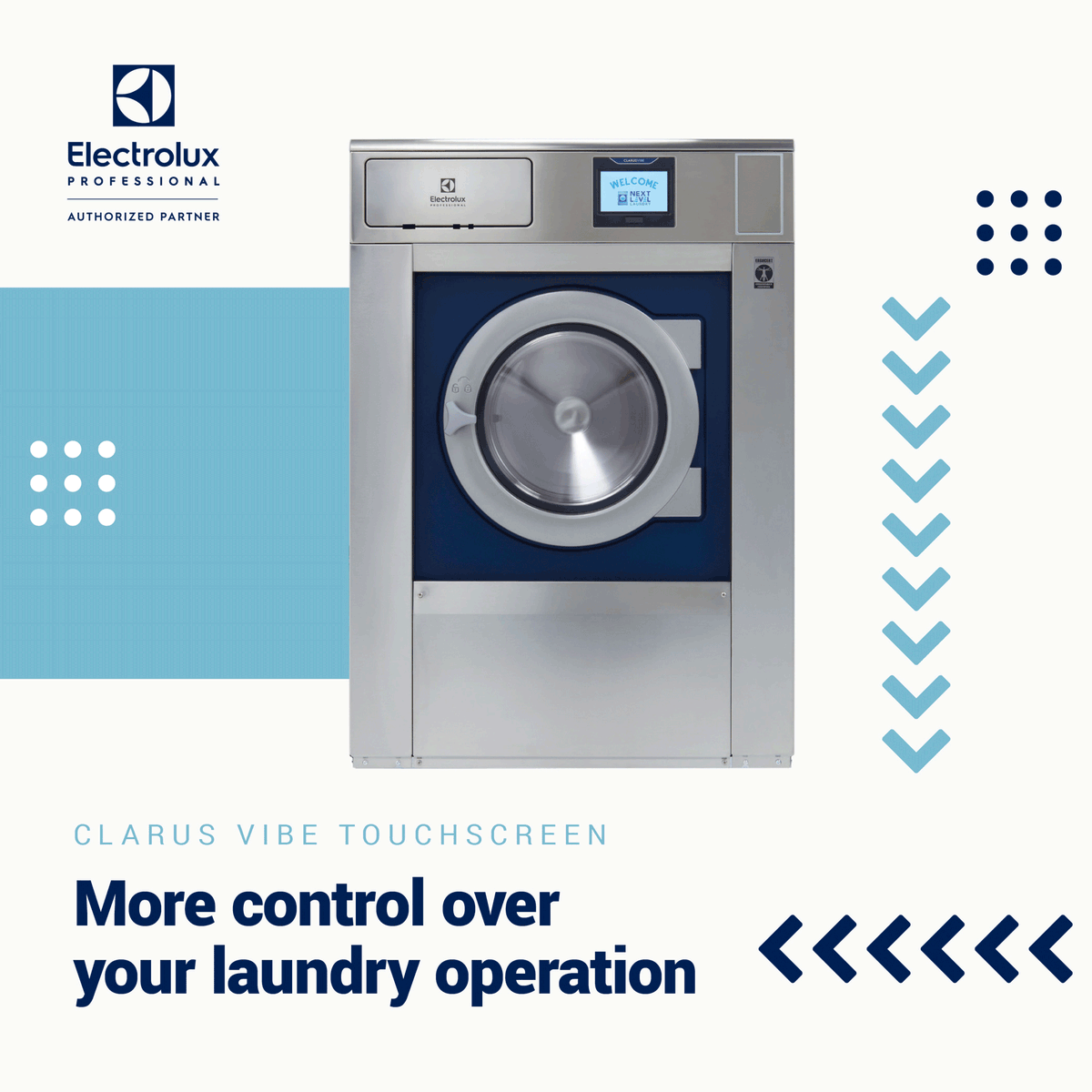 Take your on-premises laundry to the next level with
new Electrolux Professional washers with Clarus Vibe
touchscreen controls. Learn more: bit.ly/3V6uUHL