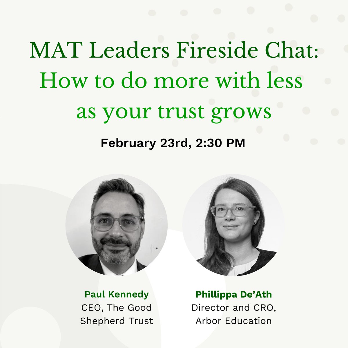 ArborEdu's tweet photo. On February 23rd, we're hosting a fireside chat with Paul Kennedy, CEO of The Good Shepherd Trust. 

We'll look at how and when to centralise your processes, and why collaboration is key to saving time and money. 

Book your free spot here: https://t.co/jUzxQqVCn3 https://t.co/xwSS8D711X