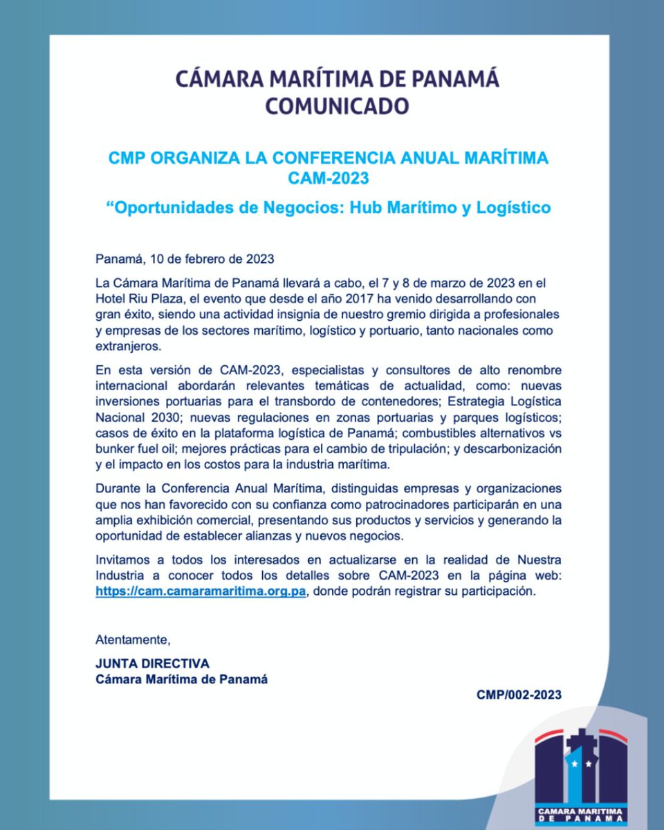 camaramaritima's tweet photo. Comunicado 002-2023: CMP organiza la conferencia anual marítima CAM-2023 
“Oportunidades de Negocios: Hub Marítimo y Logístico" https://t.co/J5fUa5QRXK