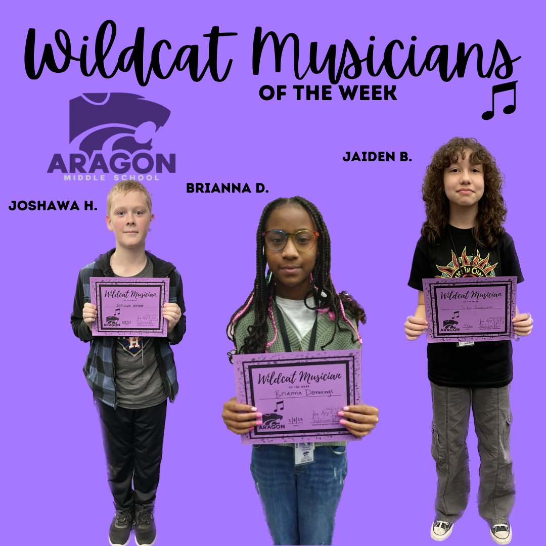 AragonWildcats's tweet photo. We love our #Wildcat musicians! Congratulations to our #WildcatMusiciansOfTheWeek Joshawa, Brianna, and Jaiden! https://t.co/AI9KJEYli0