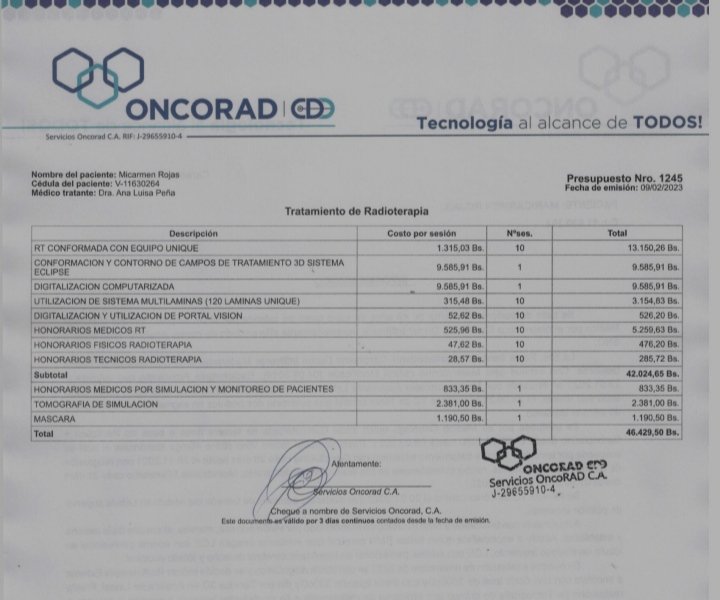 Micarmenlaprofe's tweet photo. Buenos días amigos por acá le voy d presentar el informe y presupuesto del tratamiento de radioterapia que necesito de manera urgente https://t.co/8sk0xsX3m7