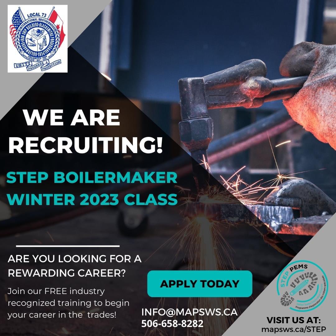nbstep's tweet photo. Don't miss out on your chance to take part in our STEP Boilermaker class. Reach out and apply today!

//

Ne manquez pas votre chance de faire partie de notre classe de chaudronniers PEMS. Faites-vous connaître et posez votre candidature dès aujourd'hui! https://t.co/aInj99Ylb8