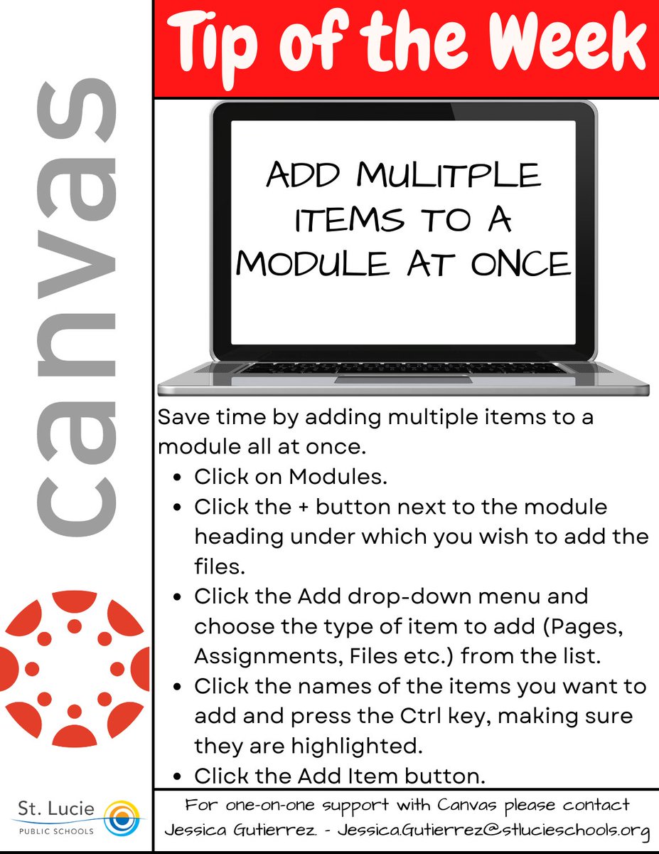 📢Canvas Tip of the Week📢
This week's tip will help you save time when building your modules. Did you know that you can add multiple items to a module at once.
<a href="/SLPS_Curriculum/">St. Lucie Curriculum</a> @canvascasters #CanvasFam 
<a href="/Canvas_by_Inst/">Canvas by Instructure</a> <a href="/Instructure/">Instructure</a> #blendedlearning #edtech #Canvastipoftheweek