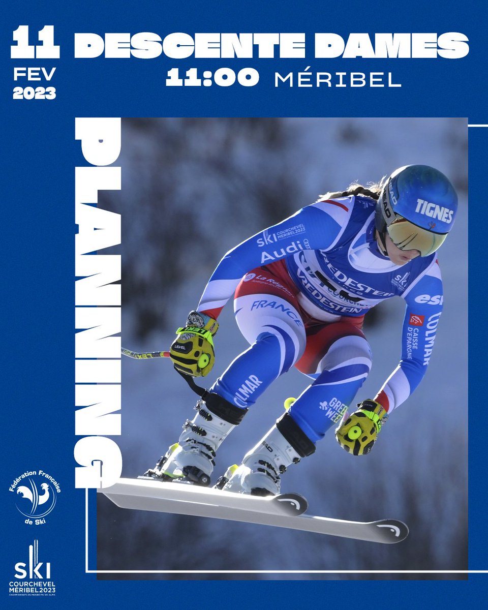JOUR 6⃣ <a href="/CM_2023/">Courchevel Méribel 2023</a>
 
⛷ Descente Dames
📍 Roc de fer - Méribel 
⏰ 11h00
📺 <a href="/Eurosport_FR/">Eurosport France</a> et <a href="/francetvsport/">francetvsport</a>