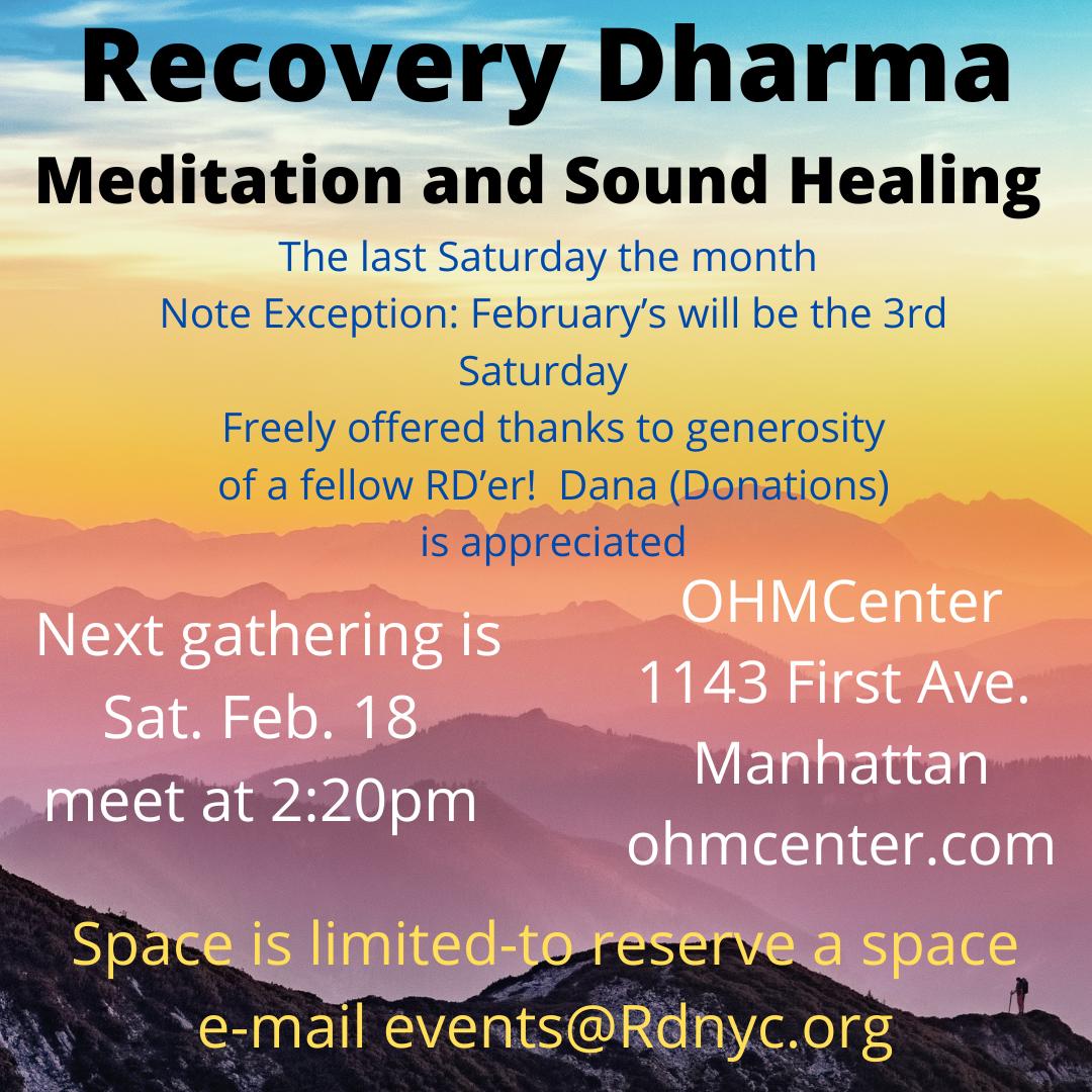 _rdnyc's tweet photo. Join RDNYC next Sat Feb 18th for our monthly Meditation &amp; Sound Healing gathering at the OHM Center. Please RSVP. More info: https://t.co/5ajYw6dop7 https://t.co/DDX7DbUal2