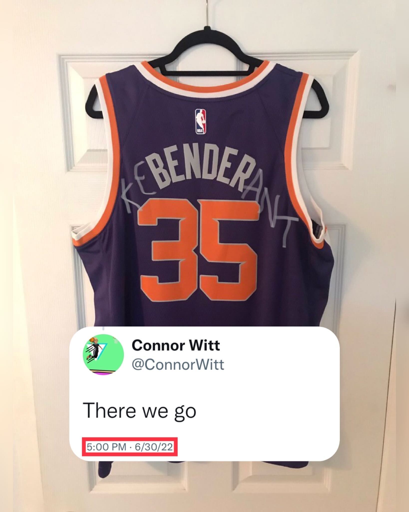 Bleacher Report on X Turned his Dragan Bender jersey to a Kevin Durant jersey in June 2022. Full circle moment via ConnorWitt https t v0H0eSxVtB X