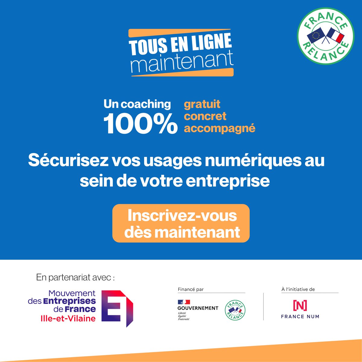 Medef35's tweet photo. #tousEnLigneMaintenant coaching  100% GRATUIT 100% CONCRET 100% ACCOMPAGNE par @wallack  | #Cybersécurité 2 visio les 23 et 30 mars 10-12h ➡️ S'inscrire : https://t.co/fAiSBn9Obo https://t.co/rNbqnM6lGS