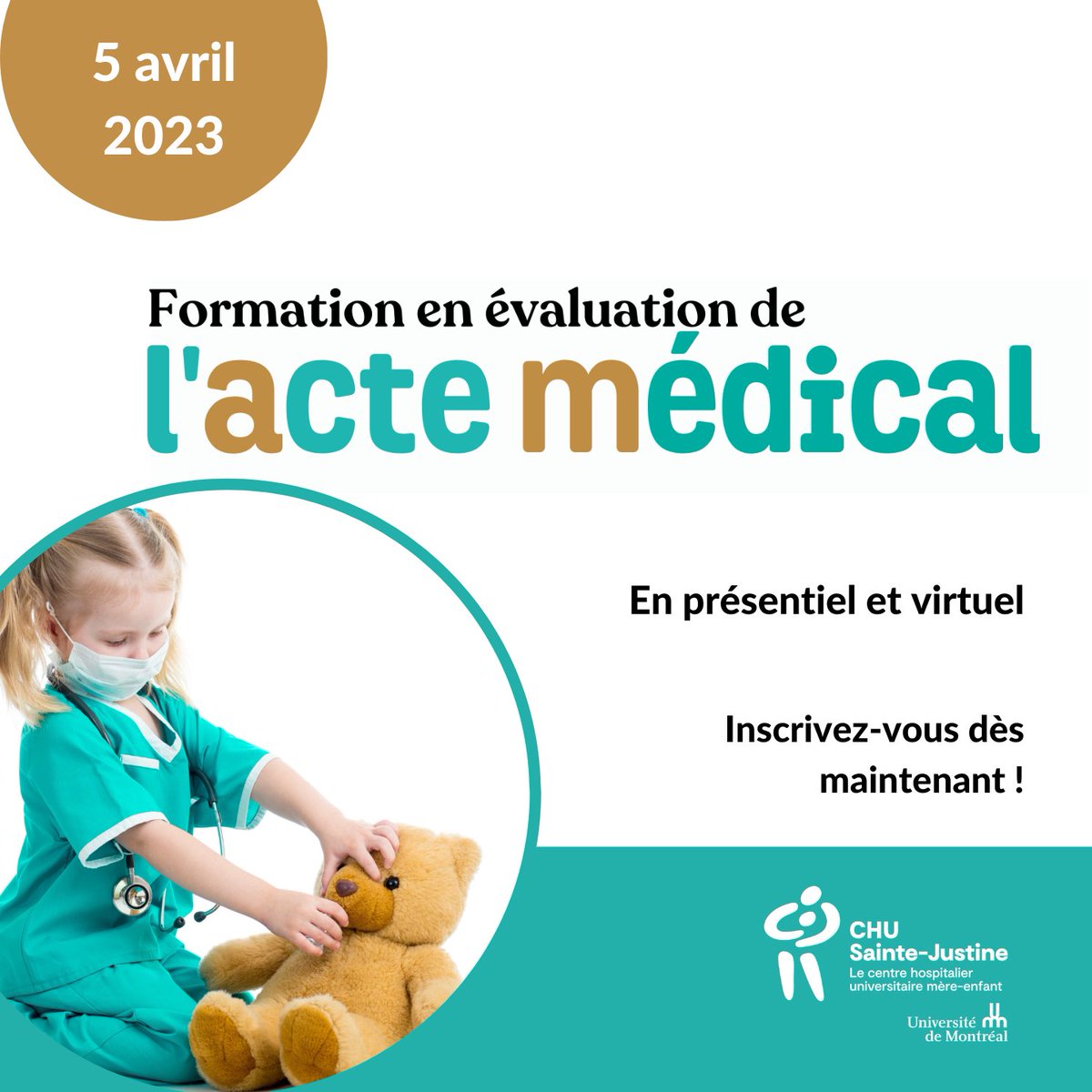 CongresCHUSJ's tweet photo. 📢 Médecins, résidents et professionnels du réseau de la santé intéressés par l'évaluation de l'acte médical, ne manquez pas la formation en évaluation de l'acte médical qui aura lieu le 5 avril 2023, en présentiel et en virtuel.

Informations : 
https://t.co/FPnEUVOJQl https://t.co/lMxtcE0u4z