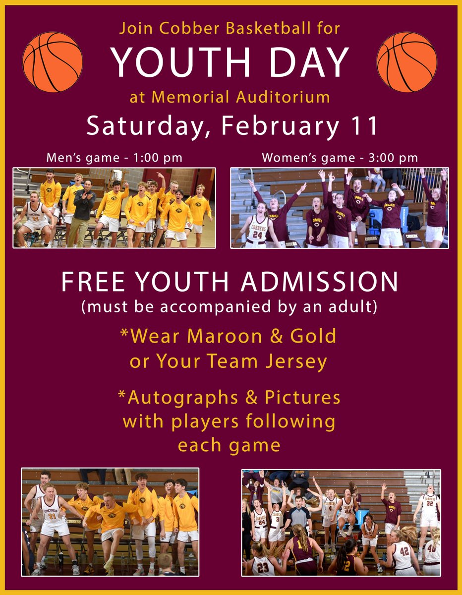 Reminder: Tomorrow is YOUTH DAY!!
✔️ Free Admission for area youth basketball players (with an adult) *wear Cobber gear or your youth bball jersey
✔️ Player Autographs following each game 🖊️
✔️ Great chance to support both 
<a href="/CobberWbb/">CobberWbb</a> &amp; <a href="/CobberHoops/">Cobber Basketball</a>
 programs! #CobberWay