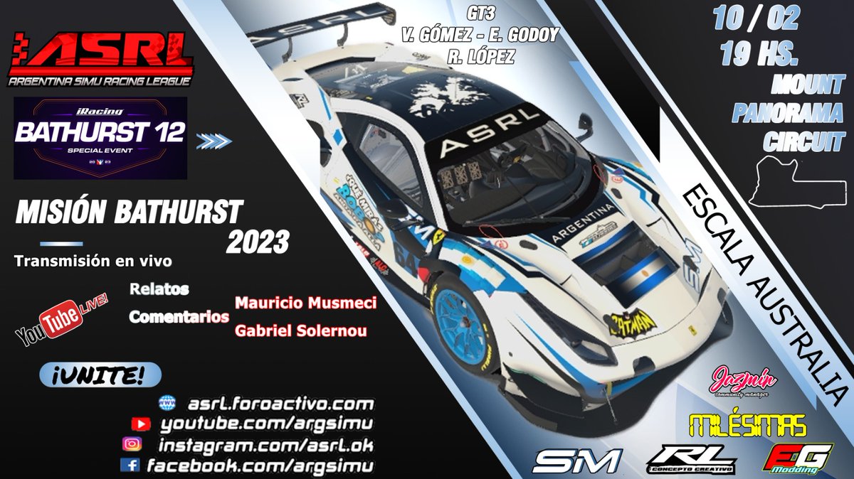 Mauri_Relator's tweet photo. Esta tarde desde las 19:00hs vivis una nueva competencia de la mision argentina de Argentina Simu Racing League con las 12 horas de Barthust, Australia.
Acompañanos a traves de nuestro canal de YouTube 
Relatos de @Mauri_Relator 
Comentarios @Milsimas2 https://t.co/OCHCpPdOWS