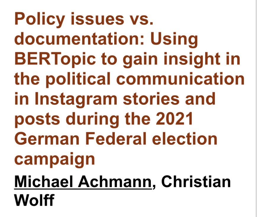 michael_achmann's tweet photo. Iโm happy to be invited to @DHiNorden 2023 conference to talk about my work using computational approaches to gain insight in the political communication on instagram. And Iโm even happier to just have finished a first draft for the accompanying paper ๐ #dhnb #BERTopic https://t.co/hTGgJzJaSH