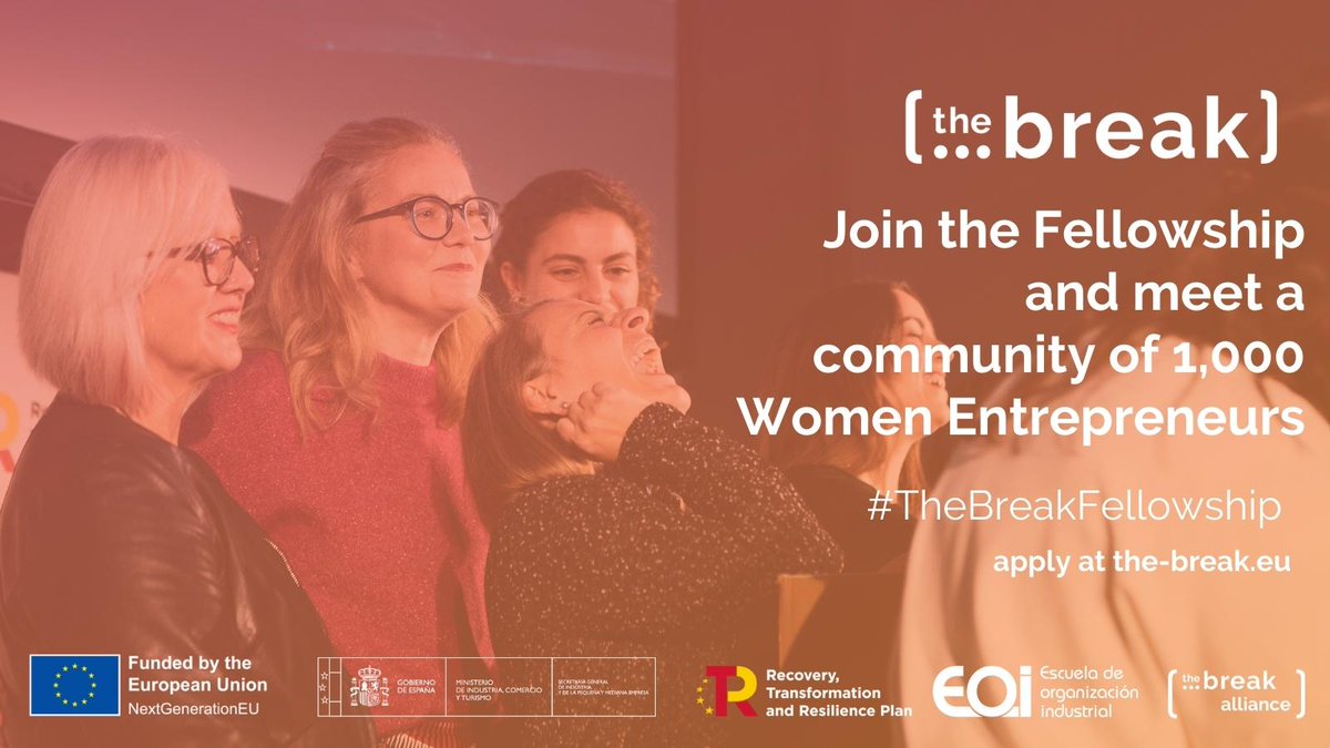 #TheBreakFellowship è il programma di borse di studio dedicate a donne imprenditrici residenti in UE.
+60 ore di formazione e 28 giorni in Spagna! Tutto finanziato dall'UE. Segnala la call ad un'imprenditrice affinché possa candidarsi: bit.ly/TheBreakF23