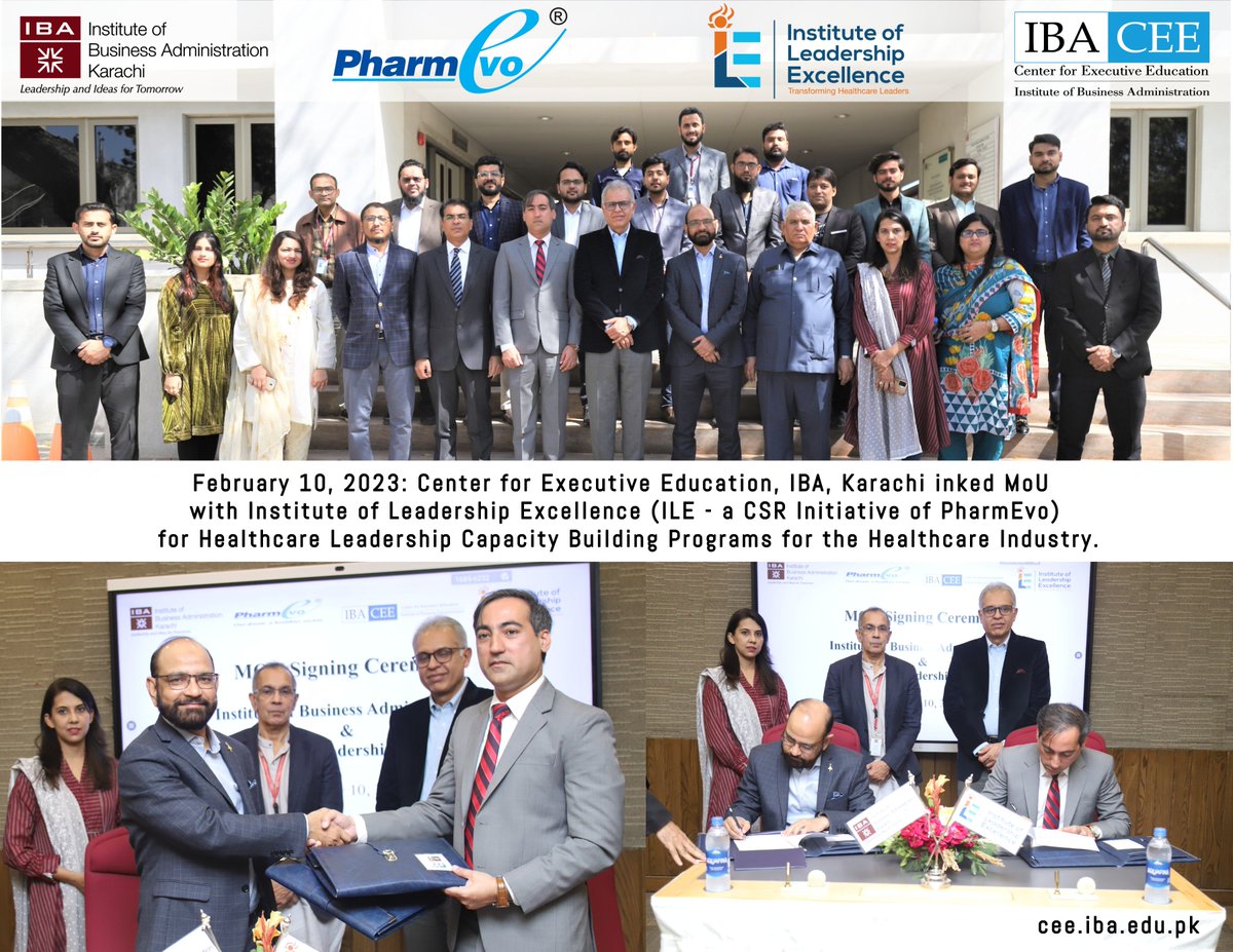 CEEIBA's tweet photo. The Center for Executive Education (CEE) at the IBA Karachi signed an MOU (Memorandum of Understanding) with the Institute of Leadership Excellence (ILE), a CSR initiative of PharmEvo (Pvt.) Ltd.
#IBAKarachi #IBACEE #PharmEvo #ILE #PGD https://t.co/UcnlSgxEQR