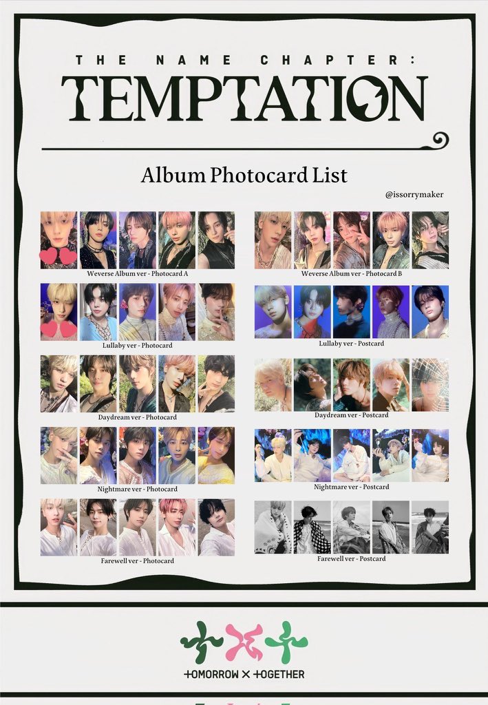 TEMPTATION TXT トレカ 交換 Lullaby Weverse Album

【譲】Lullaby ヨンジュン
　　　Weverse Album テヒョン(A)

【求】同種スビン💕

🐰郵送交換希望
🐰同日発想
🐰条件の良い方、まとめて交換の方優先

お気軽にリプ・DMまでお願いします🙇‍♀️
#TXT交換 #TXTトレカ交換