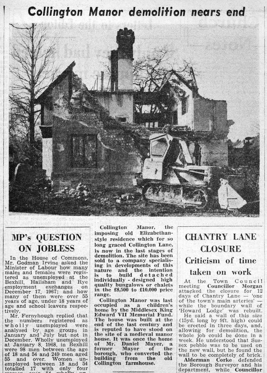 bexhillmuseum's tweet photo. "Collington Manor demolition nears end..was last occupied as a children's home by the Middlesex King Edward VII Memorial Fund..It was once the home of Mr Daniel Mayer..who converted the building from the old #Collington #farmhouse." @BexhillObs 10.2.1968. #Bexhill #Sussex #1960s https://t.co/qRdivciEwI