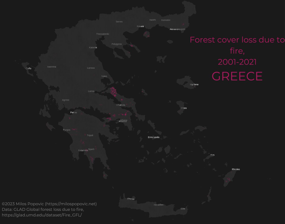 milos_gis's tweet photo. From 2001 to 2021, Greece🇬🇷 lost 149kha of its tree cover due to fire so in my latest map I show the extent of the loss in 🟥red 
RIP🌳🌴🌳😖

Data: https://t.co/Q4MxFTuEZ5

#forestfires #trees #nature #RStats #DataScience #dataviz #geospatial #maps https://t.co/oR0qmBFXNO