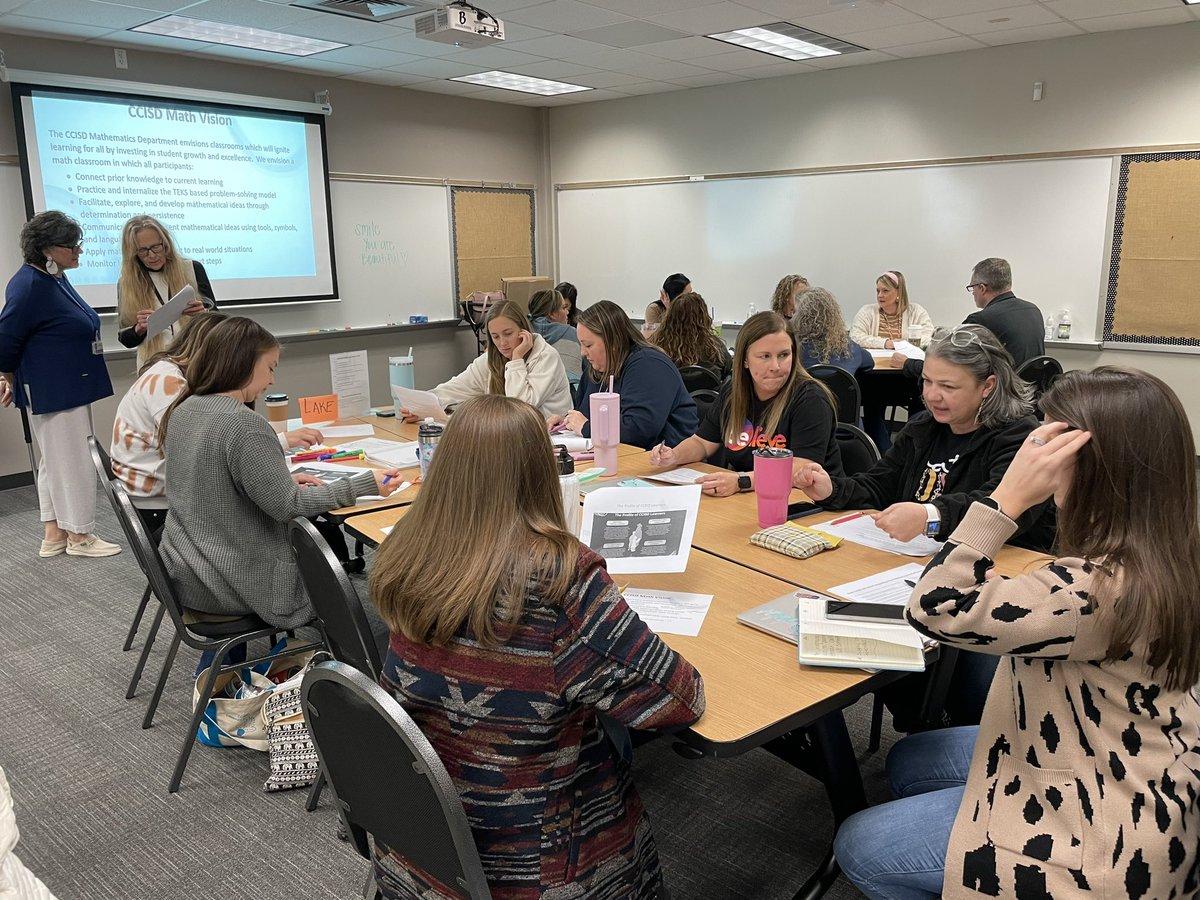 AngelaHinkelman's tweet photo. Amazing vertical conversations. K-12 math instructional coaches using district documents to construct a shared vision of k-12 math learning in CCISD. #CCISDICs https://t.co/0LWoBzclON