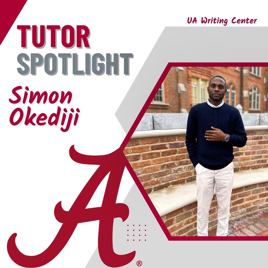 UAWritingCenter's tweet photo. ✨Tutor Spotlight Friday✨

It’s tutor spotlight Friday!!! Today we are spotlighting our awesome tutor Simon Okediji, who is a first year graduate student studying Composition, Rhetoric, and English!  Simon is from Iragbiji, Nigeria! https://t.co/nJIxDMmQLc