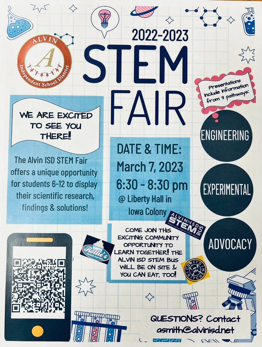 We are less than one month away from the 
<a href="/AlvinISD/">Alvin ISD</a>
 District STEM Fair!!!! Exciting times 🙌🤩 If you are a community member who works in the STEM industry, contact asmith@alvinisd.net to see how you can get involved with the event!! #STEM #STEMeducation #PUSHFORSUCCESS 🌟↗️