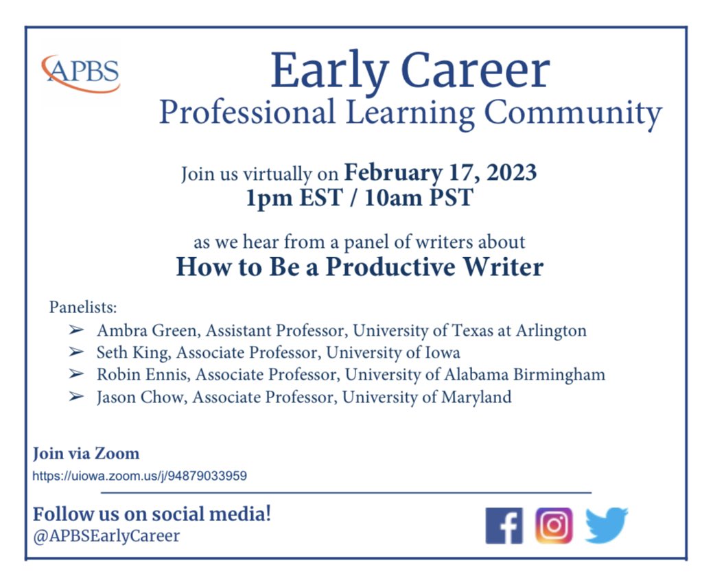 hnnjohnson's tweet photo. 📢 @APBSEarlyCareer is hosting this amazing free opportunity to connect with other professionals in the field around effective strategies to be a productive writer. We look forward to hosting those who can join us. Please share widely with others who may be interested.📢 https://t.co/oeEpTnax5K