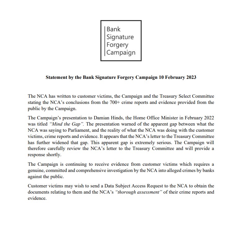 Campaign statement following the NCA’s letters to customer victims, the Campaign and the Treasury Select Committee