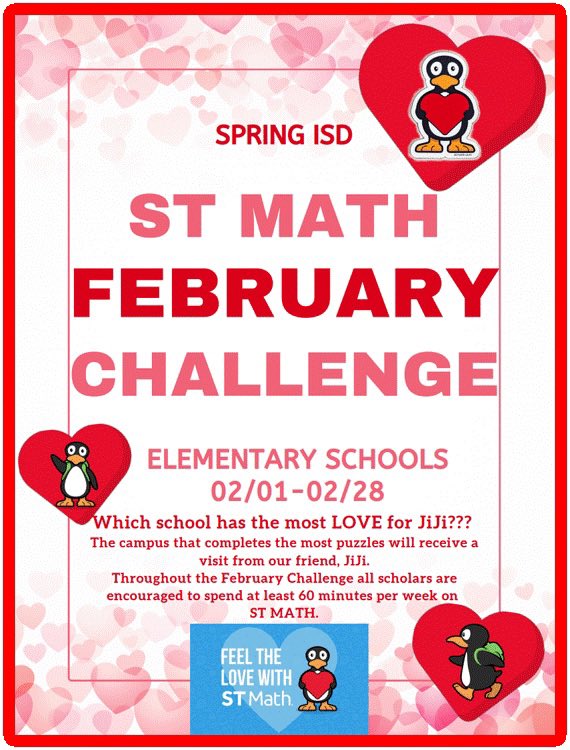 CRYSTAL ST JULIAN (@crystalstjulia2) on Twitter photo Which <a href="/SpringISD/">Spring ISD</a> Elementary Campus has the most L❤️VE for JiJi🐧??? Scholars show your love for JiJi🐧 by spending at least 60 minutes per week on <a href="/STMath/">ST Math Educator? Follow us on MINDEduOrg!</a> solving puzzles🧩. <a href="/Shuester/">Shue</a> <a href="/SISD_CoA/">K. Cuellar</a> <a href="/LaTracyHarris/">LaTracy Harris, Ed.D</a> <a href="/KAndersonEduc8/">Kelli Anderson</a> Which <a href="/SpringISD/">Spring ISD</a> Elementary Campus has the most L❤️VE for JiJi🐧??? Scholars show your love for JiJi🐧 by spending at least 60 minutes per week on <a href="/STMath/">ST Math Educator? Follow us on MINDEduOrg!</a> solving puzzles🧩. <a href="/Shuester/">Shue</a> <a href="/SISD_CoA/">K. Cuellar</a> <a href="/LaTracyHarris/">LaTracy Harris, Ed.D</a> <a href="/KAndersonEduc8/">Kelli Anderson</a>