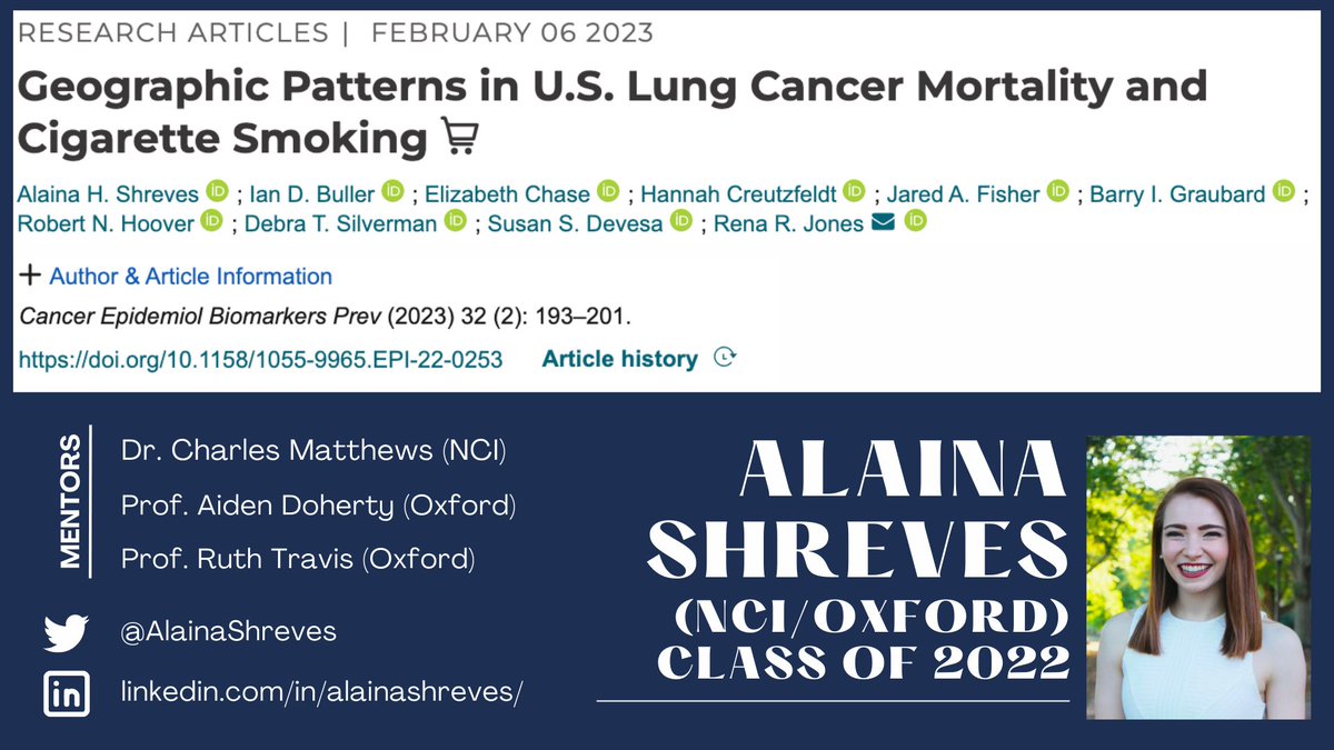 NIHOxCam (@nihoxcam) on Twitter photo 🚨Publication Alert🚨Check out #NIHOxCam scholar <a href="/AlainaShreves/">Alaina Shreves</a>’ new <a href="/CEBP_AACR/">Cancer Epidemiology, Biomarkers & Prevention</a> paper that identifies US counties where factors aside from smoking may be driving lung cancer mortality, highlighting the need for further studies into environmental & alt risk factors @NCIEpiTraining 🚨Publication Alert🚨Check out #NIHOxCam scholar <a href="/AlainaShreves/">Alaina Shreves</a>’ new <a href="/CEBP_AACR/">Cancer Epidemiology, Biomarkers & Prevention</a> paper that identifies US counties where factors aside from smoking may be driving lung cancer mortality, highlighting the need for further studies into environmental & alt risk factors @NCIEpiTraining