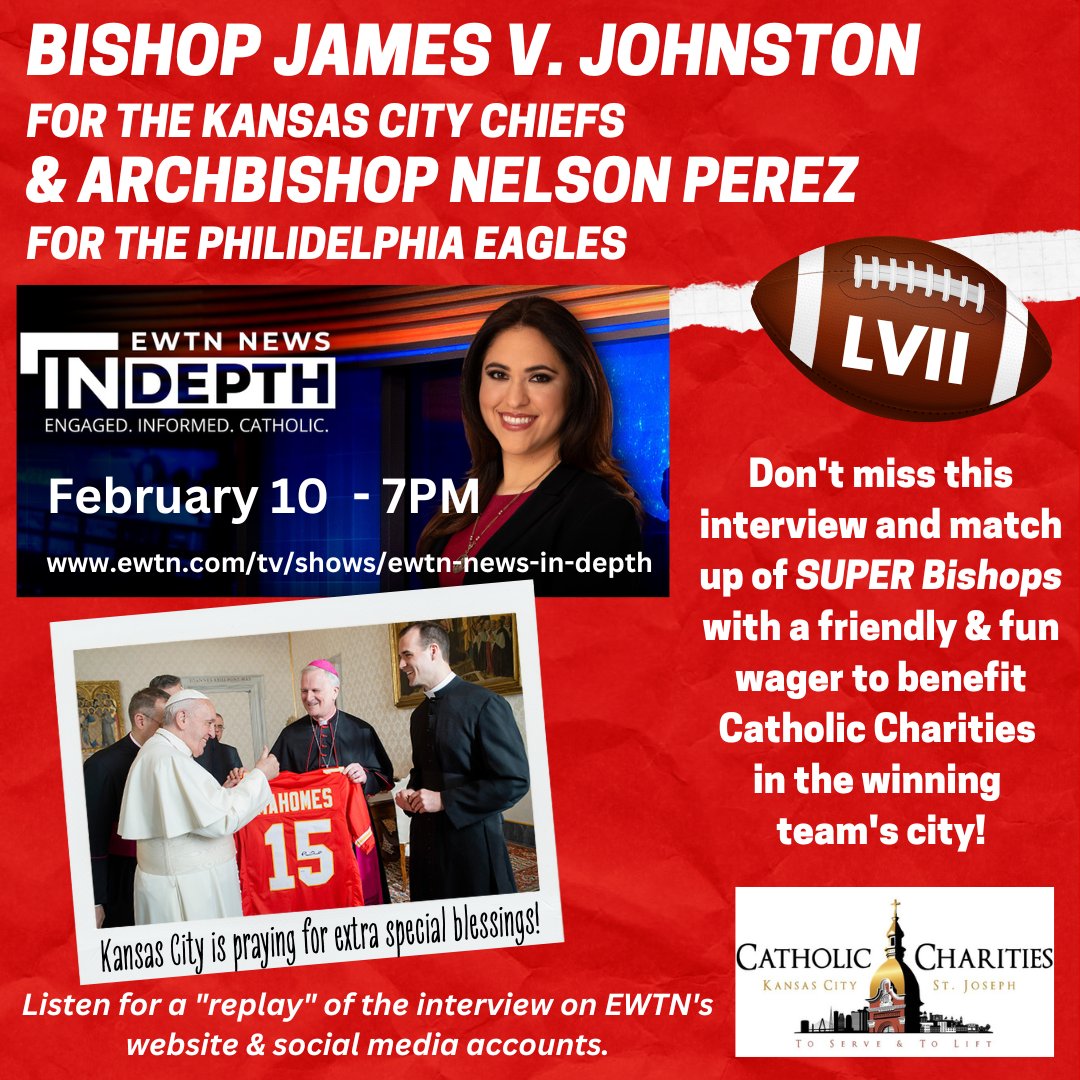 Join me today on EWTN News In Depth at 7pm as Archbishop Nelson Perez and I talk about our favorite football teams and propose a wager that will benefit Catholic Charities in the winning team's city! You can catch a replay of the interview on all EWTN social media accounts.