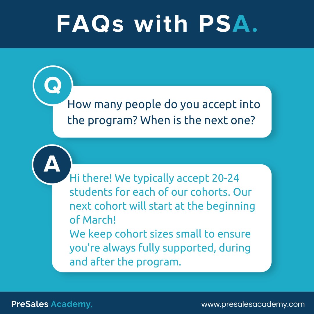 PreSalesAcademy's tweet image. ⭐ It’s Friday FAQs with PSA! ⭐

Did you know? ➡️  PreSales Academy has 20-24 students in each cohort!

We keep our cohort sizes small to ensure we can provide the best training and job search support to each of our graduates. 

#questions #presales #solutionsconsulting #faqs
