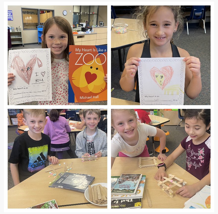 Happy Valentine’s Day!  STEM Challenge.  

Who can make an animal with the most hearts?

Who can build the tallest tower using conversation hearts and popsicle sticks?
