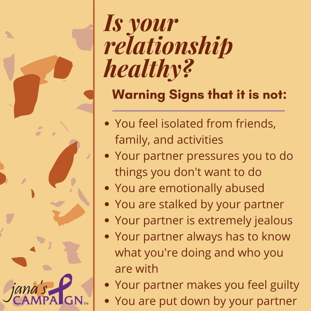 Jana's Campaign (@janascampaign) on Twitter photo 8 common warning signs of unhealthy relationship behaviors. #TDVAM 8 common warning signs of unhealthy relationship behaviors. #TDVAM