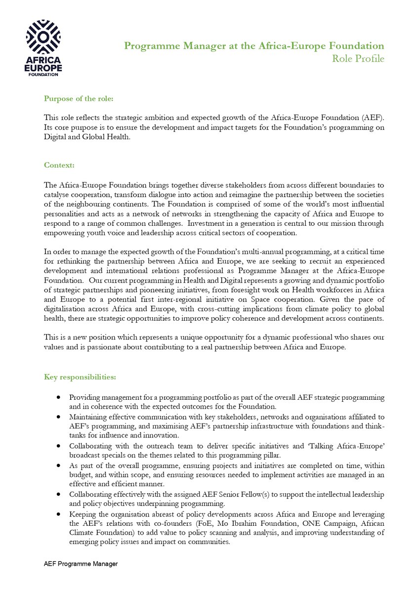 AfricaEuropeFdn's tweet image. 📢 #JobAlert 

🔎We're looking for a Program Manager to ensure the development and impact targets for the Foundation's programming on #Digital and #globalhealth.

To apply and for more info regarding current job offers, visit 🖱bit.ly/3x3AlMO.
