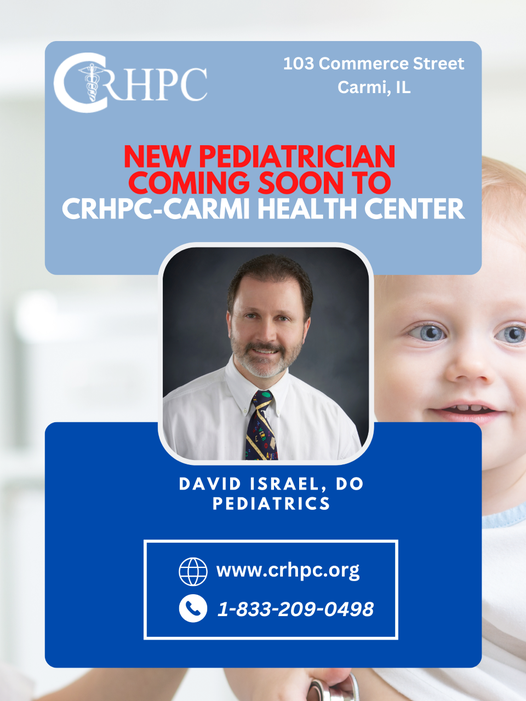 CRHPC's tweet photo. David Israel is one of our Board Certified Pediatricians here at CRHPC. He will be moving to CRHPC-Carmi Health Center!

Call 1-833-209-0498 or 618-384-5686 to schedule an appointment today!

#crhpc #NACHC https://t.co/kC1dIj0nNA