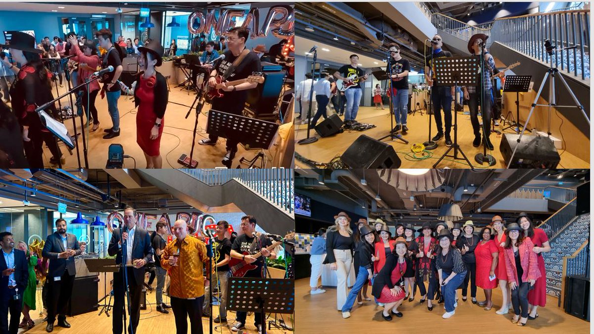 ciscoapac's tweet photo. A team that sings together, wins together! A fantastic day with our CEO @ChuckRobbins, SVP @markpatt, and @davidstevenwest in the Singapore office! #FireWallz #Band 🎙️ https://t.co/KQhHd5Yt8E